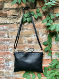 Small BLACK leather bag. Crossbody/ shoulder bag or wristlet in GENUINE leather. Black leather purse with adjustable strap. Flat black bag