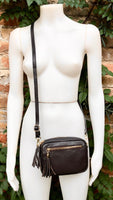 Small leather bag in dark brown. GENUINE leather shoulder / cross body bag. Chocolate brown leather purse, adjustable strap + zippers.