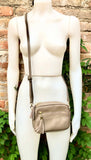 Small leather bag in light brown. GENUINE leather shoulder / cross body bag. Taupe brown leather purse, adjustable strap + zippers.