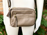 Small leather bag in light brown. GENUINE leather shoulder / cross body bag. Taupe brown leather purse, adjustable strap + zippers.