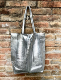 Tote leather bag in SILVER. GENUINE leather shopper with ZIPPER. Large carry all bag for your laptop, books. Metallic leather shopper