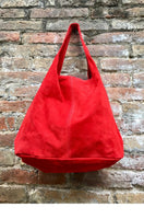 Slouch bag.Large TOTE leather bag in RED. Soft natural suede leather bag. Bohemian bag. Laptop or book bag. Genuine leather bag