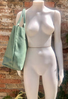 Sage GREEN tote leather bag. Genuine leather shopper. Large carry all bag for your laptop / books. Light green shoulder bag. Mint purse