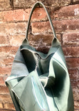 GREEN tote leather bag. Genuine leather shopper. Large carry all bag for your laptop / books. GREEN leather shoulder bag. Sage green purse