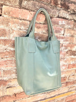 GREEN tote leather bag. Genuine leather shopper. Large carry all bag for your laptop / books. GREEN leather shoulder bag. Sage green purse