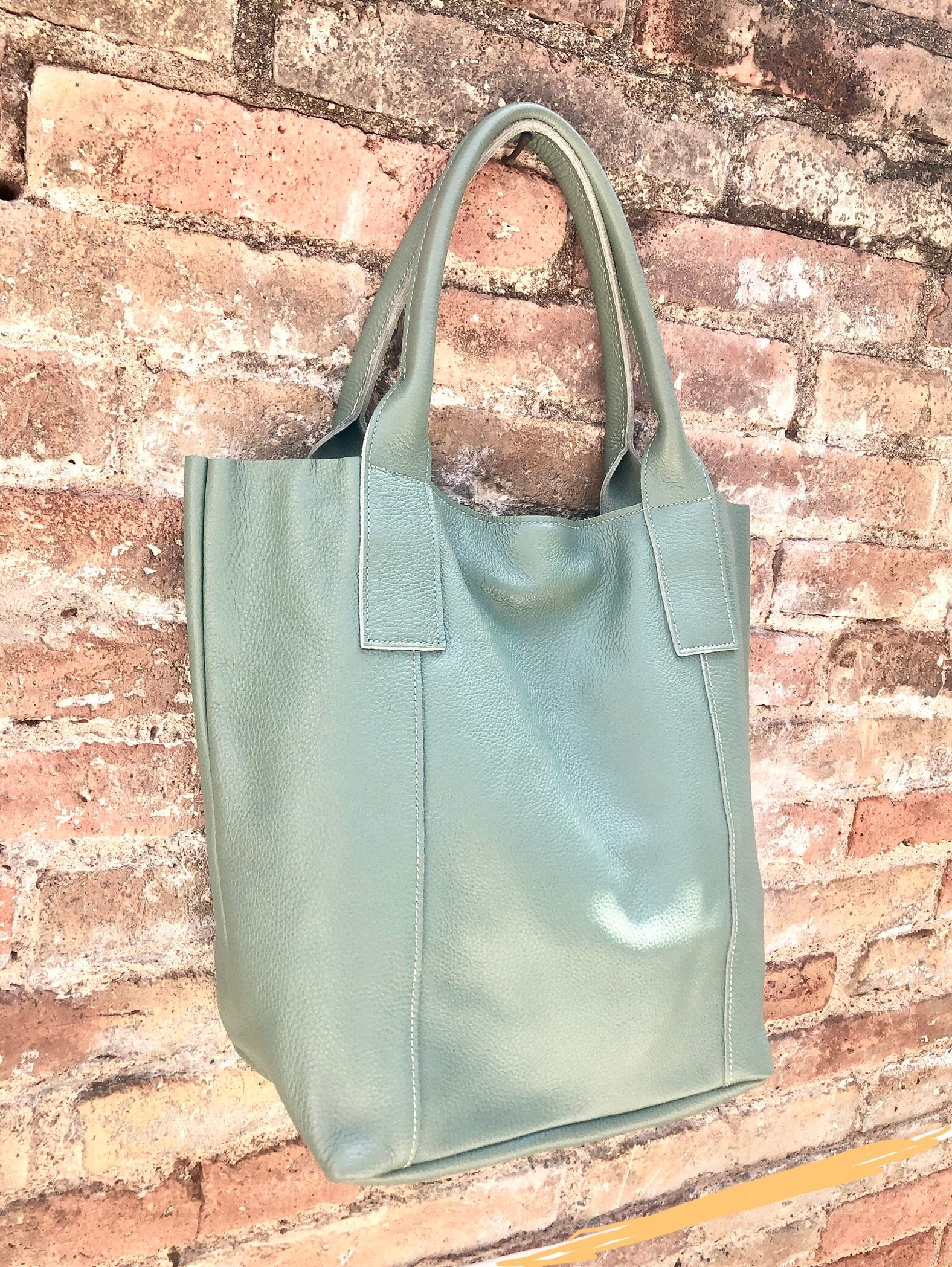 Sage GREEN tote leather bag. Genuine leather shopper. Large carry all bag for your laptop / books. Light green shoulder bag. Mint purse