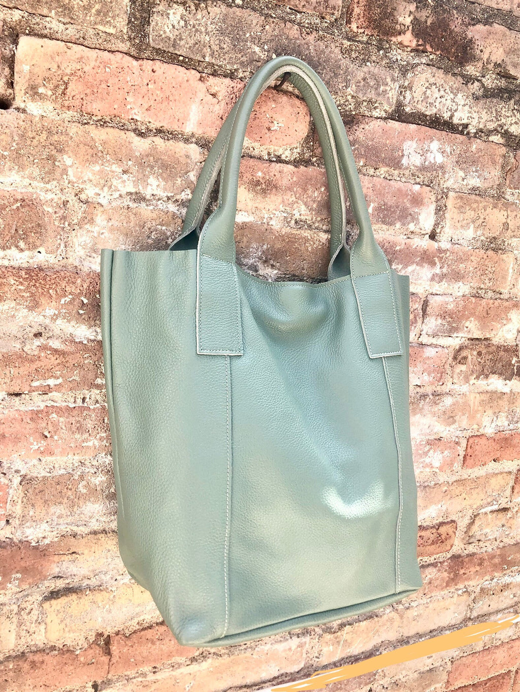 Sage GREEN tote leather bag. Genuine leather shopper. Large carry all bag for your laptop / books. Light green shoulder bag. Mint purse