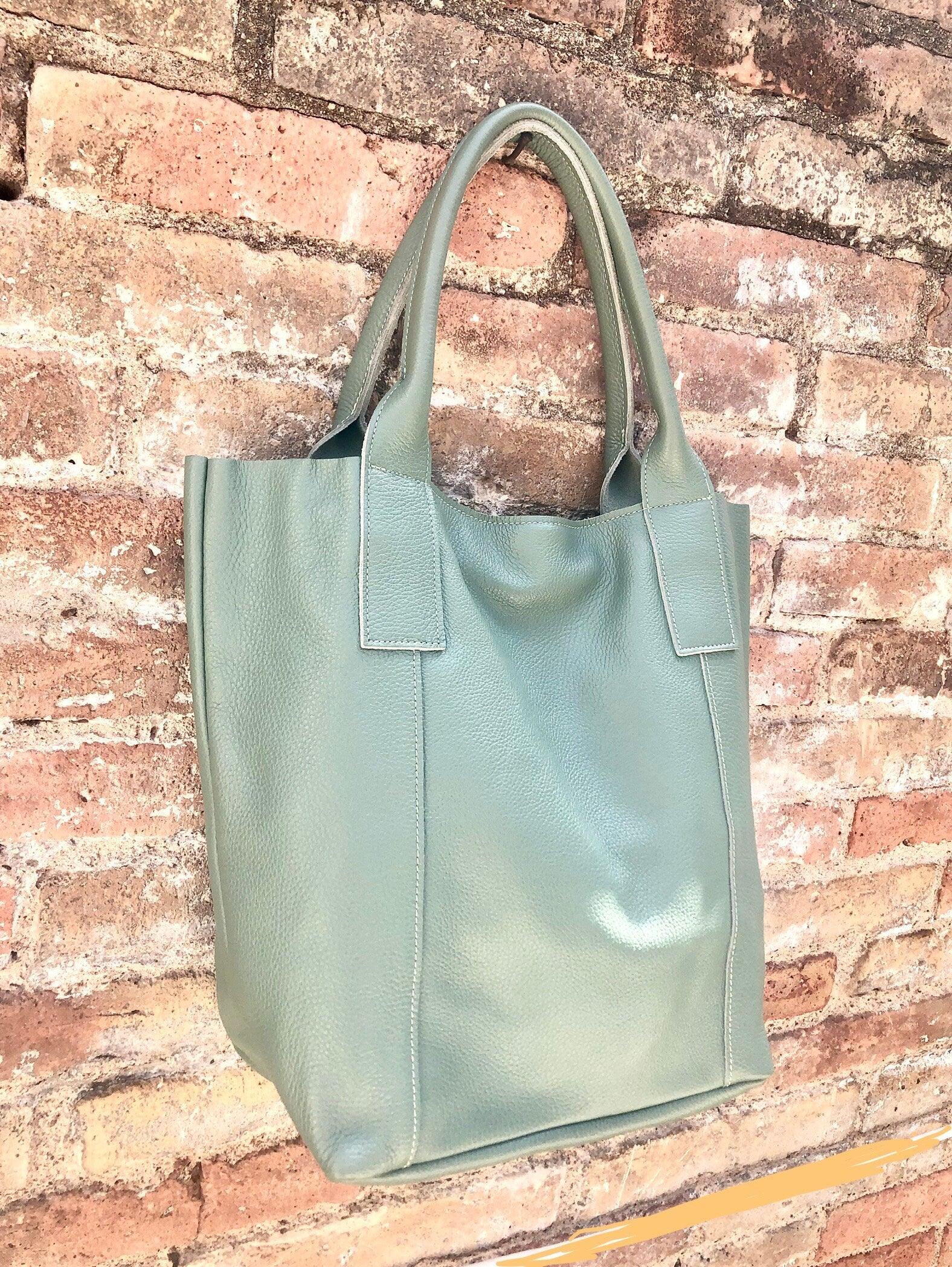 Sage GREEN tote leather bag. Genuine leather shopper. Large carry all bag for your laptop / books. Light green shoulder bag. Mint purse