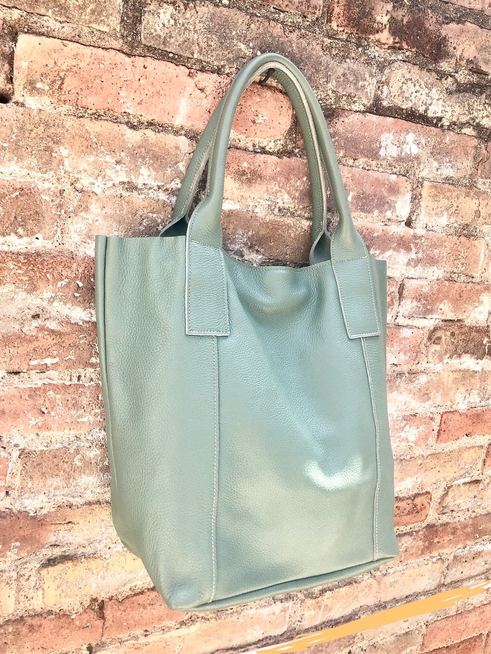 Sage GREEN tote leather bag. Genuine leather shopper. Large carry all bag for your laptop / books. Light green shoulder bag. Mint purse