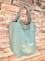 Sage GREEN tote leather bag. Genuine leather shopper. Large carry all bag for your laptop / books. Light green shoulder bag. Mint purse