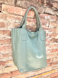 Sage GREEN tote leather bag. Genuine leather shopper. Large carry all bag for your laptop / books. Light green shoulder bag. Mint purse