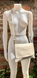 Cross body /shoulder bag. Cream color soft genuine leather bag with zipper, flap + adjustable strap. Creamy white leather purse. Light beige