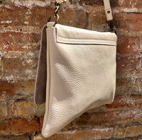 Cross body /shoulder bag. Cream color soft genuine leather bag with zipper, flap + adjustable strap. Creamy white leather purse. Light beige