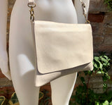 Cross body /shoulder bag. Cream color soft genuine leather bag with zipper, flap + adjustable strap. Creamy white leather purse. Light beige