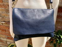 Cross body /shoulder bag. NAVY blue soft genuine leather bag with zipper, flap + adjustable strap. Dark blue leather purse. Navy messenger