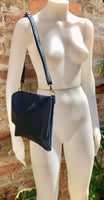 Cross body /shoulder bag. NAVY blue soft genuine leather bag with zipper, flap + adjustable strap. Dark blue leather purse. Navy messenger