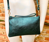 Small leather bag in METALLIC GREEN .Cross body, shoulder bag or wristlet in GENUINE leather. Green leather purse + adjustable strap