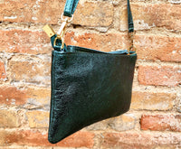 Small leather bag in METALLIC GREEN .Cross body, shoulder bag or wristlet in GENUINE leather. Green leather purse + adjustable strap