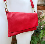 Small leather bag in RED. GENUINE leather bright red crossbody / shoulder bag. Red leather purse with adjustable strap and zipper + flap