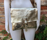 Metallic GOLD crossbody / shoulder bag, genuine leather small crossover, messenger bag with zipper and flap. Small gold leather purse