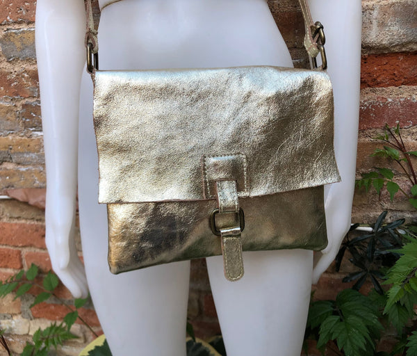 Metallic GOLD crossbody / shoulder bag, genuine leather small crossover, messenger bag with zipper and flap. Small gold leather purse