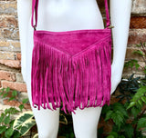 FUCHSIA crossbody fringed bag. Hot pink BOHO suede leather bag with FRINGES. Magenta soft genuine suede leather. Hot pink suede purse.