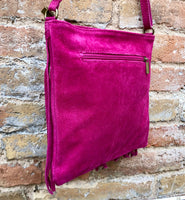 FUCHSIA crossbody fringed bag. Hot pink BOHO suede leather bag with FRINGES. Magenta soft genuine suede leather. Hot pink suede purse.