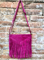 FUCHSIA crossbody fringed bag. Hot pink BOHO suede leather bag with FRINGES. Magenta soft genuine suede leather. Hot pink suede purse.