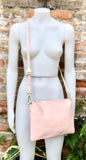 Light pink leather bag. GENUINE leather cross body / shoulder bag. Light pink purse with adjustable strap + zipper. Soft leather messenger