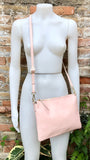 Light pink leather bag. GENUINE leather cross body / shoulder bag. Light pink purse with adjustable strap + zipper. Soft leather messenger