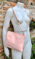 Light pink leather bag. GENUINE leather cross body / shoulder bag. Light pink purse with adjustable strap + zipper. Soft leather messenger