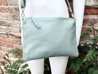 SAGE green leather bag. GENUINE leather cross body / shoulder bag. Light GREEN purse with adjustable strap + zipper. Soft leather messenger