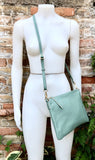 SAGE green leather bag. GENUINE leather cross body / shoulder bag. Light GREEN purse with adjustable strap + zipper. Soft leather messenger