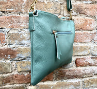 SAGE green leather bag. GENUINE leather cross body / shoulder bag. Light GREEN purse with adjustable strap + zipper. Soft leather messenger