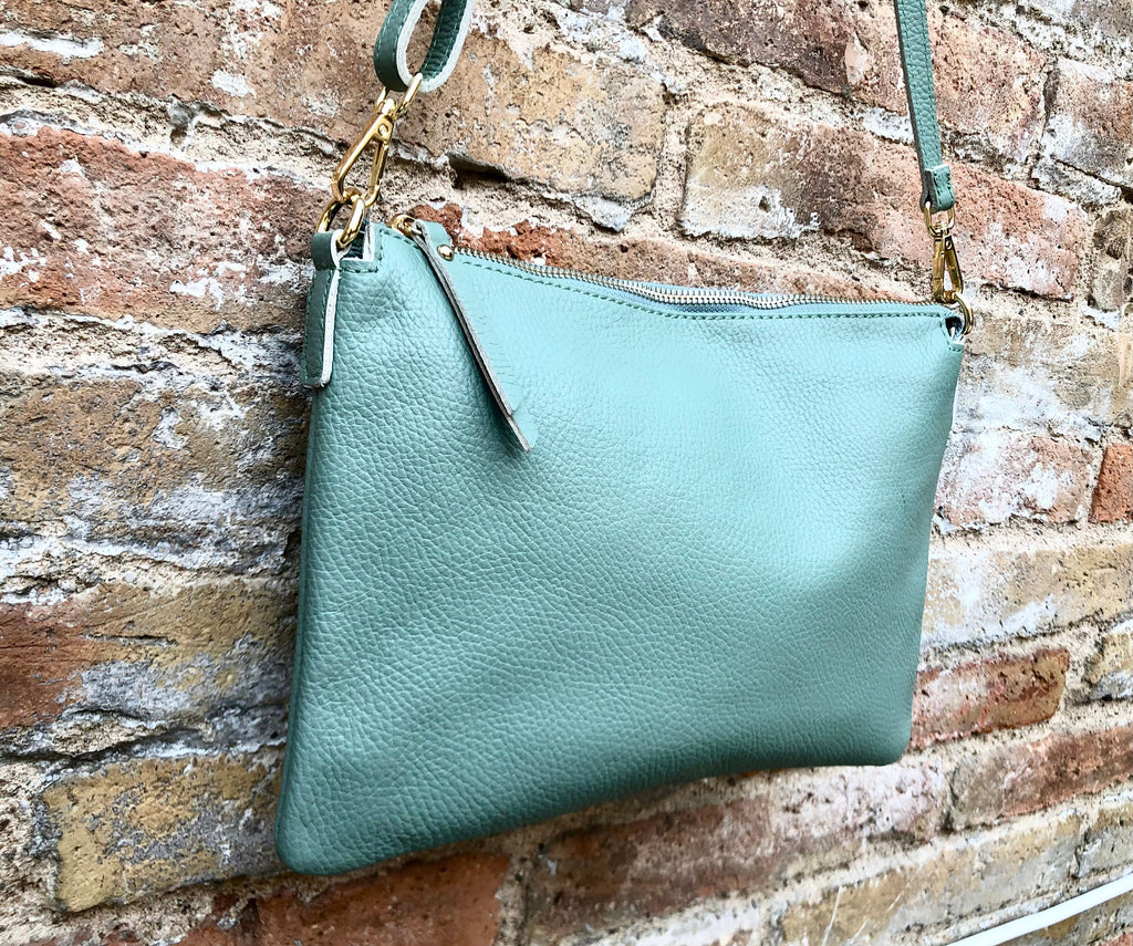 SAGE green leather bag. GENUINE leather cross body / shoulder bag. Light GREEN purse with adjustable strap + zipper. Soft leather messenger