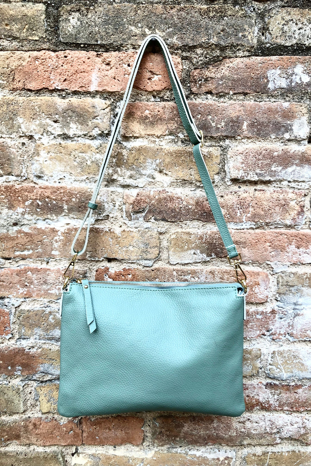 SAGE green leather bag. GENUINE leather cross body / shoulder bag. Light GREEN purse with adjustable strap + zipper. Soft leather messenger