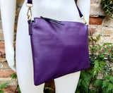 PURPLE leather bag. GENUINE leather cross body / shoulder bag. PURPLE leather purse with adjustable strap + zipper. Soft leather messenger