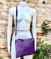 PURPLE leather bag. GENUINE leather cross body / shoulder bag. PURPLE leather purse with adjustable strap + zipper. Soft leather messenger