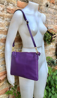 PURPLE leather bag. GENUINE leather cross body / shoulder bag. PURPLE leather purse with adjustable strap + zipper. Soft leather messenger