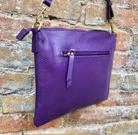 PURPLE leather bag. GENUINE leather cross body / shoulder bag. PURPLE leather purse with adjustable strap + zipper. Soft leather messenger