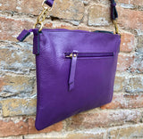 PURPLE leather bag. GENUINE leather cross body / shoulder bag. PURPLE leather purse with adjustable strap + zipper. Soft leather messenger