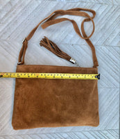 CAMEL BROWN suede leather bag. GENUINE leather small crossbody / shoulder bag.Adjustable strap and zipper. Tan brown suede purse with tassel