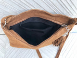 CAMEL BROWN suede leather bag. GENUINE leather small crossbody / shoulder bag.Adjustable strap and zipper. Tan brown suede purse with tassel