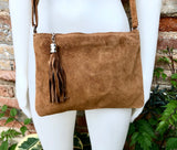 CAMEL BROWN suede leather bag. GENUINE leather small crossbody / shoulder bag.Adjustable strap and zipper. Tan brown suede purse with tassel