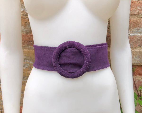 Purple suede waist belt with large round buckle. Boho soft suede belt in a dark purple shade. Genuine natural purple suede leather