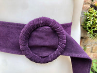 Purple suede waist belt with large round buckle. Boho soft suede belt in a dark purple shade. Genuine natural purple suede leather