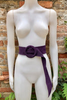 Purple suede waist belt with large round buckle. Boho soft suede belt in a dark purple shade. Genuine natural purple suede leather