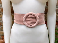 Light pink suede waist belt with large round buckle. Boho soft suede belt in a soft pink shade. Genuine natural pink suede leather