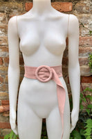 Light pink suede waist belt with large round buckle. Boho soft suede belt in a soft pink shade. Genuine natural pink suede leather