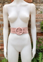 Light pink suede waist belt with large round buckle. Boho soft suede belt in a soft pink shade. Genuine natural pink suede leather